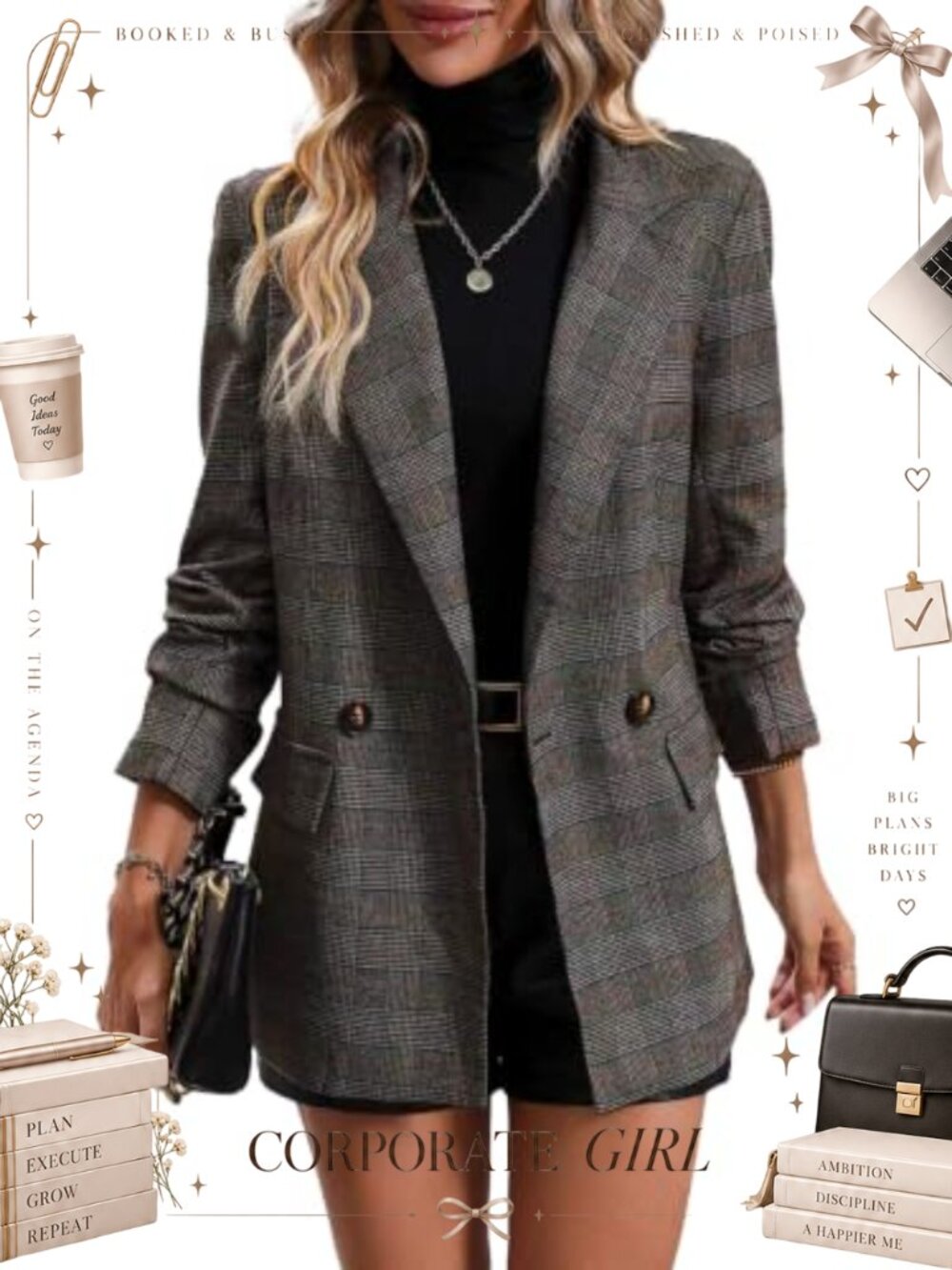 Womens Plaid Blazer Jacket Double Breasted Business Casual Fully Lined